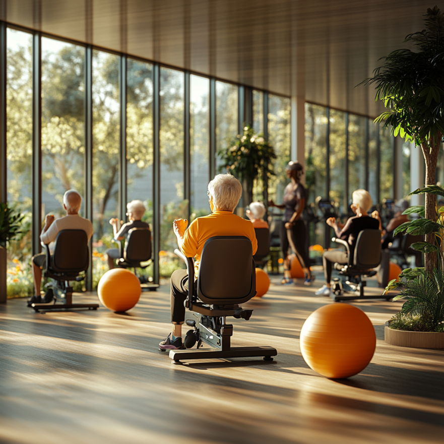 Група активних людей поважного віку в комфортній студії виконує вправи на стільцях під керівництвом енергійного інструктора