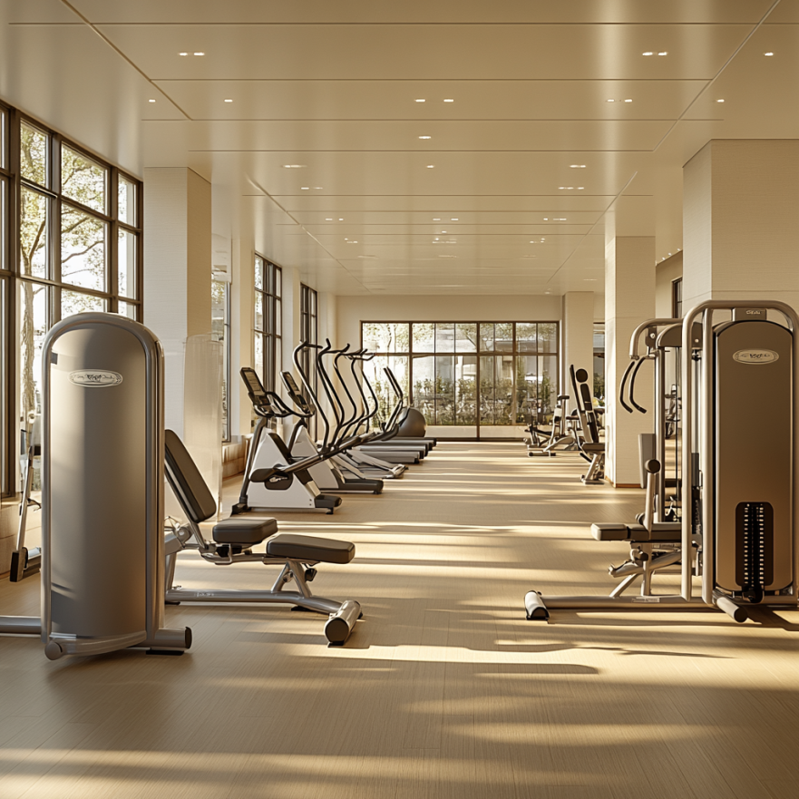 Сучасний тренажерний зал з адаптованим обладнанням для людей поважного віку, яскраве освітлення та просторе розташування тренажерів
