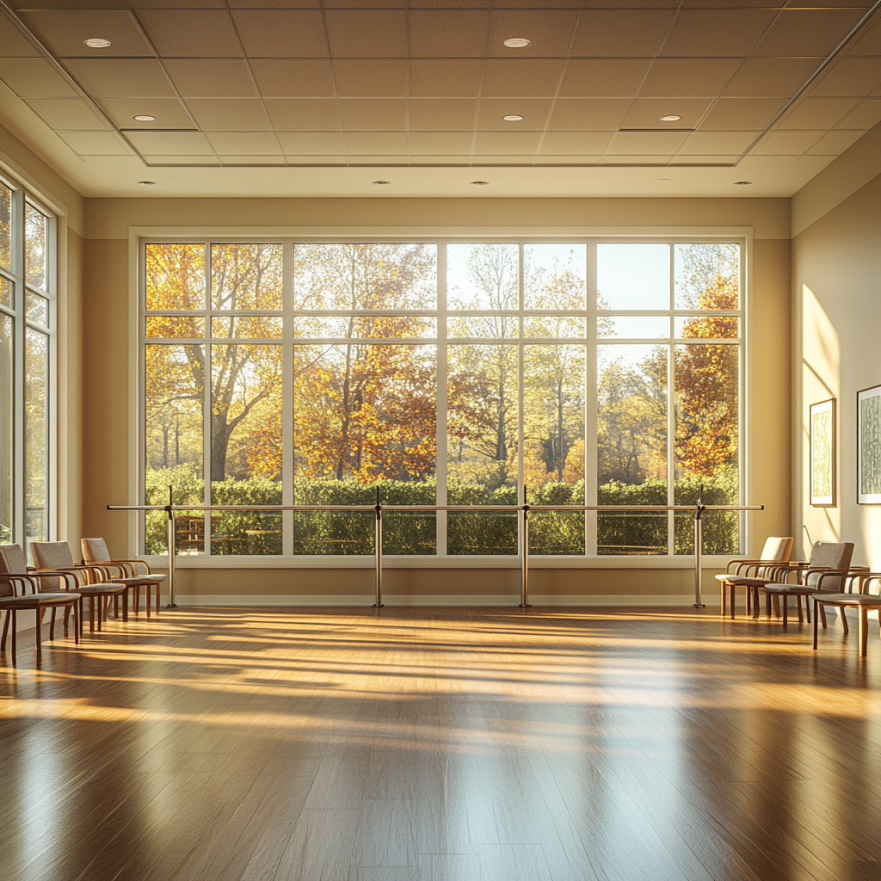 Світла студія для групових занять з великими вікнами, дерев'яною підлогою та зручними стільцями для тренувань