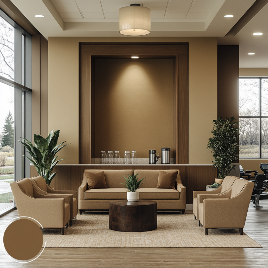 Затишна зона відпочинку з м'якими диванами, столиками, кулером з водою та декоративними рослинами