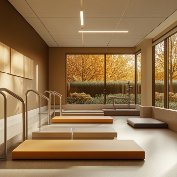 Спеціалізована студія для занять з балансу та координації з поручнями, м'якими килимками та спеціальним обладнанням