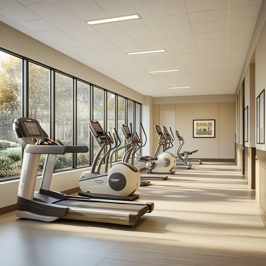 Простора зала для кардіо-тренувань з безпечними тренажерами, адаптованими для людей старшого віку