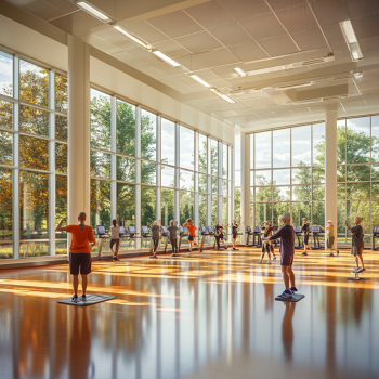 Група активних людей старшого віку виконує фітнес-вправи в просторому світлому залі під керівництвом інструктора