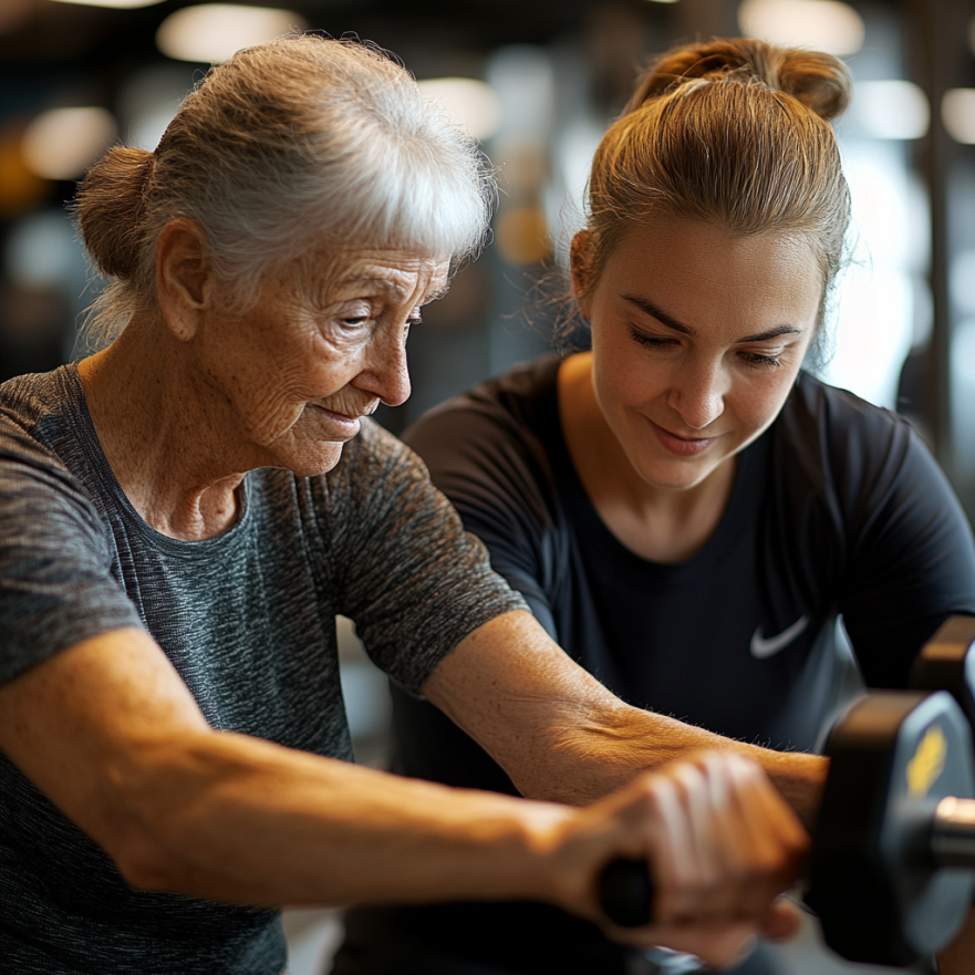 Персональний тренер допомагає літній жінці з вправою з гантелями малої ваги, звертаючи увагу на техніку виконання